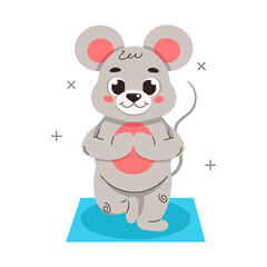 Illustration from a collection of cute animals. Mouse is doing meditation or yoga. Vector graphics.