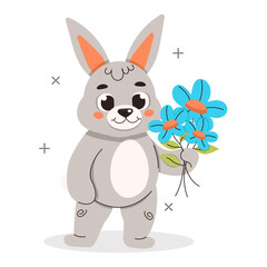 Fototapeta premium Illustration from a collection of cute animals. Hare holds flowers in his hand. Vector graphics.
