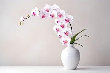 White vase filled with stunning orchids.