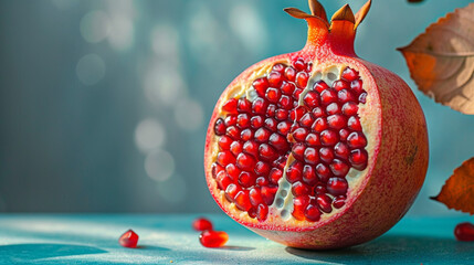 An image of a pomegranate with seeds showing a unique spotted pattern of bright orange on a pale blue base, - obrazy, fototapety, plakaty