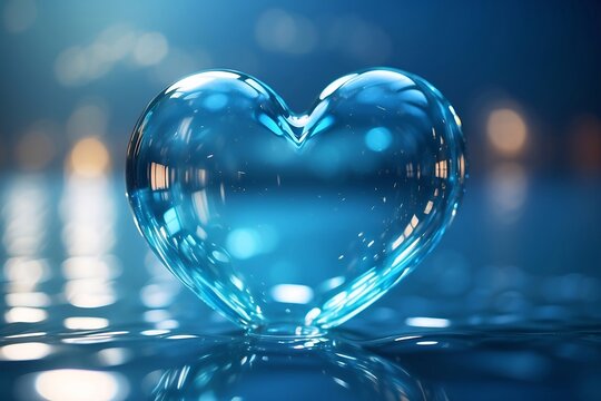 Blue heart on water, valentine day background, bokeh background, wallpaper.
