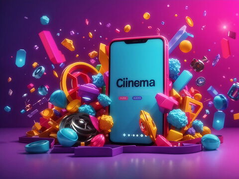 Cinema online. Bright poster with a frame of 3D elements. Huge smartphone with an empty screen. Template with advertising text, announce. Colour launch button design.