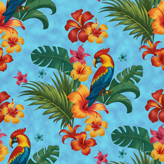 Seamless Tropical floral and macaw pattern on blue background.