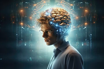 Fototapeta premium Human Brain region: hippocampus, amygdala, frontal, parietal, temporal, occipital lobes, Broca's and Wernicke's areas, corpus callosum, basal ganglia. 3D brain parts model cyborg ai medtech skull head