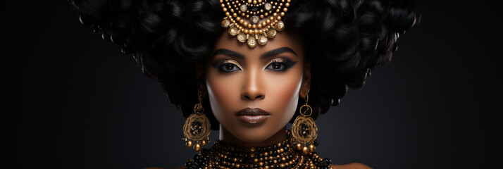 Banner Stunning model in golden jewelry, traditional African style, and elegant makeup. AI Generative - obrazy, fototapety, plakaty