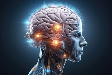 Human Brain region: hippocampus, amygdala, frontal, parietal, temporal, occipital lobes, Broca's and Wernicke's areas, corpus callosum, basal ganglia. 3D brain parts model cyborg ai medtech skull head