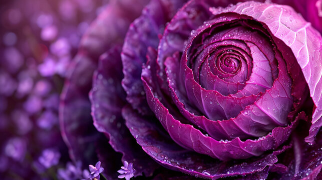 An image capturing the abstract beauty of a red cabbage cross-section, with a focus on the swirling patterns,