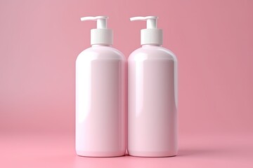 Mockup of baby cosmetics with plastic containers on podiums in pink, showcasing designs for shampoo and lotion packaging.