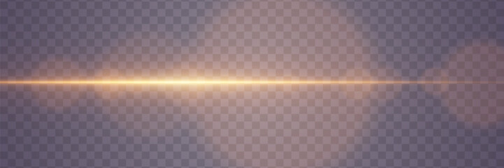 Golden horizontal glare of light. Line flash effect. On a transparent background.
