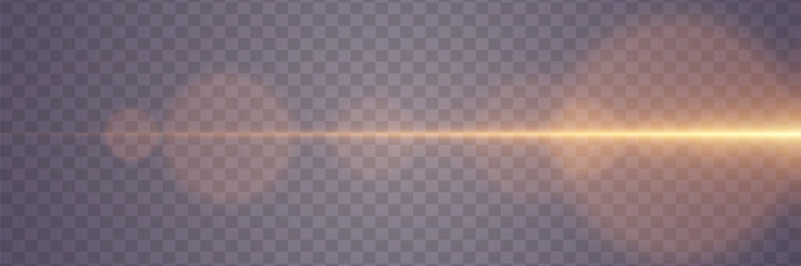 Golden horizontal glare of light. Line flash effect. On a transparent background.