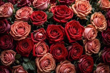 bouquet of red and pink roses, top view, valentine day romantic background, wallpaper.