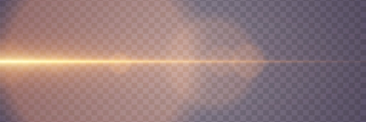 Golden horizontal glare of light. Line flash effect. On a transparent background.
