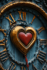 An illustration of an ancient clock with its hands pointing to a heart at midnight, symbolizing timeless love,