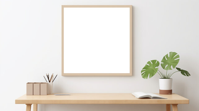 Mockup frame poster Home office concept. Empty vertical wooden picture hanging on white wall. 