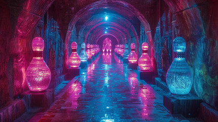 A surreal vision of giant, glowing bowling pins in an ancient, mystical temple, - obrazy, fototapety, plakaty