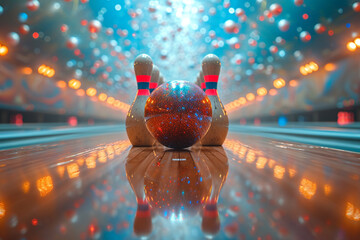 An abstract portrayal of a bowling ball and pins made entirely of swirling cosmic stars, - obrazy, fototapety, plakaty