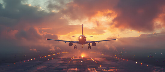 an airplane landing on an airport runway - obrazy, fototapety, plakaty