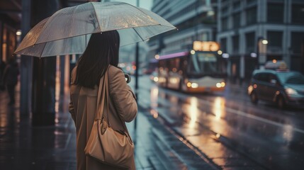 A woman with an umbrella waits,  as city traffic glows on a wet evening street.