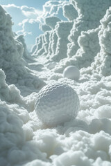 A depiction of a golf game played on clouds, with the balls bouncing on fluffy, white surfaces,