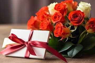 Bouquet of roses and gift box. Valentine Gift