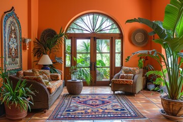 Orange living room, Indian interior with Moroccan arch and plants