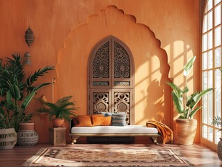 Orange living room, Indian interior with Moroccan arch and plants