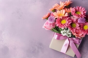 Bouquet of roses and gift box. Valentine Gift