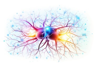 Obraz premium Neural Colorful Brain Nerve Cell Energy Connection, Brain Dots Pattern Neuronal Network, Vibrant Colored motley medical vector human mind energy lightning brain tree neurons communicating illustration