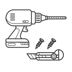 Simple cartoon carpentry and construction tools for home equipment and maintenance outline vector design art