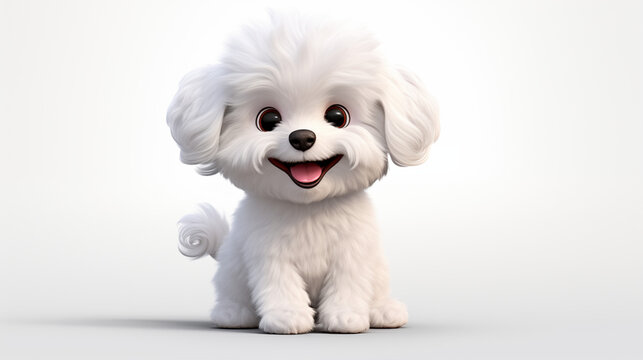 white poodle puppy with smile face sitting on white background cartoon