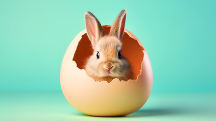 Cute Easter bunny sitting in a broken egg on isolated background - ai generative