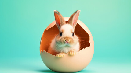 Cute Easter bunny sitting in a broken egg on isolated background - ai generative