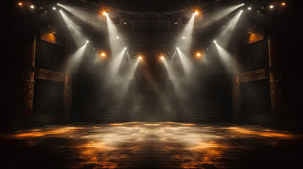 Empty concert stage with illuminated spotlights and smoke. Stage background , white spotlight and smoke