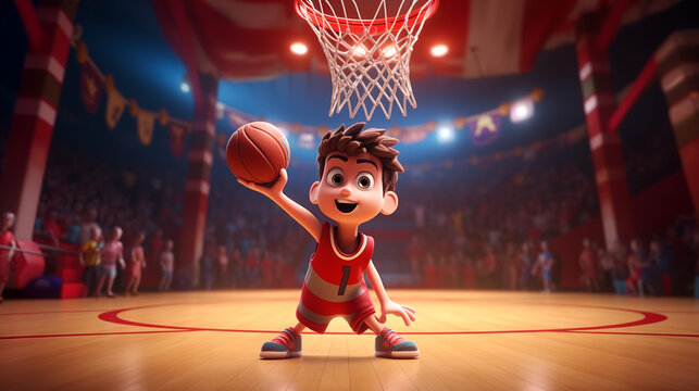 Cartoon basketball player will shooting basketball in the hole