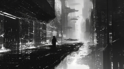 Futuristic Monochrome Metropolis Reflections