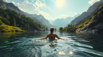Woman swimming in a mountain river - obrazy, fototapety, plakaty