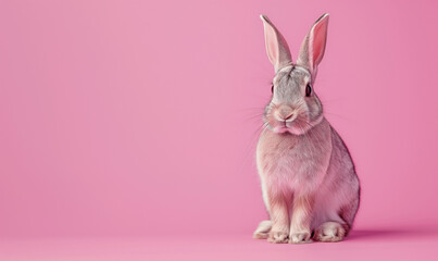 Obraz premium Cute gray rabbit sitting on a pink pastel background with space for text.