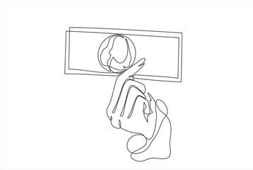 Continuous line drawing of hand holding money banknotes. Human hand with banknotes hand draw minimalism style. Payment with money, buying or purchase of goods. Vector continuous line