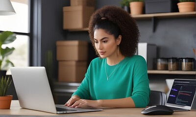 Hispanic Woman Software Developer Programming On Laptop Computer In Garage At Home.