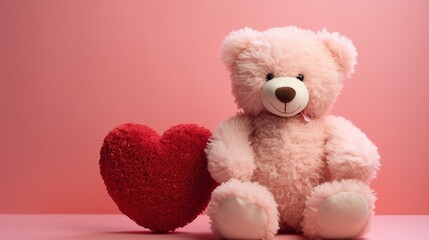 Capture the essence of a cute Valentine teddy bear in a dreamy, pastel-infused style, holding a romantic red love heart against a colored background
