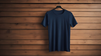 Neavy blue cotton t-shirt, hanging using black colore hanger