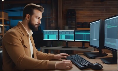 Two Caucasian Male Tech Startup Founders Using Old Desktop Computers In Retro Garage At Night. Software Developers and Experience Designers in the new year