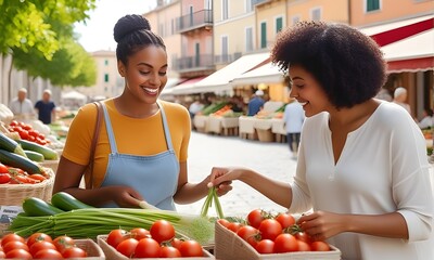 Beautiful Young Customer Shopping for Fresh Natural Vegetables for Mediterranean Dinner. Black Woman Buying Bio Tomatoes and Garlic with happy face