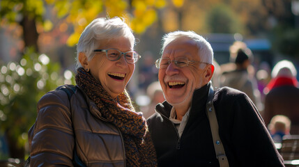 Joyful senior couple sharing a laugh on a bench, embracing the warm, golden ambiance of a sunny autumn afternoon.