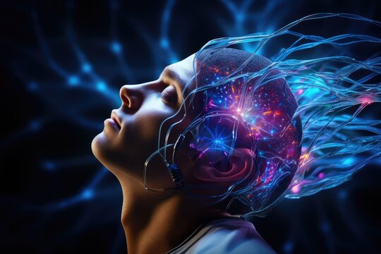 Sleep routine, sleep aids treatment. Human Brain sleep technology and environment, sleeping health and quality. Brain waves sleep assessment and physiology research, circadian rhythms deep sleep phase