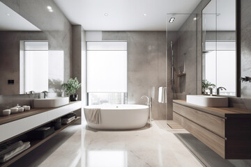 Fototapeta na wymiar Design of a modern bathroom interior, shower cabin with toilet, sink in light colors.