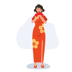 Chinese New Year Celebration. Elegant Asian Woman Holding Red Envelope