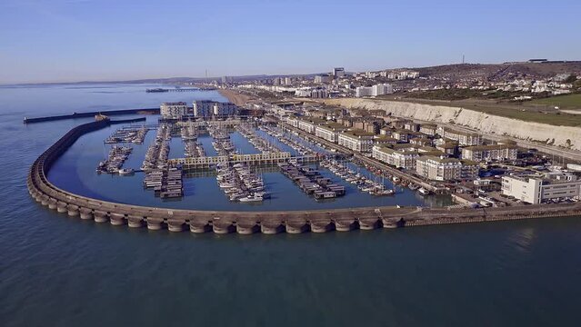 Brighton Marina in East Sussex, Southern England, a popular sailing destination, aerial footage.