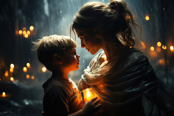 A strong, reliable woman, a mother, protects a frightened little child from threat, danger. - obrazy, fototapety, plakaty