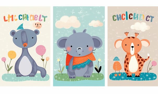 Colorful baby collection of baby posters with funny animals crocodile, fox and elephant, Generative AI 